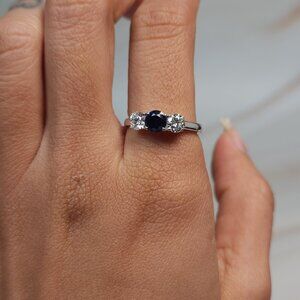 Created Blue Sapphire & Lab Grown Diamond Round ring .925 Sterling Silver